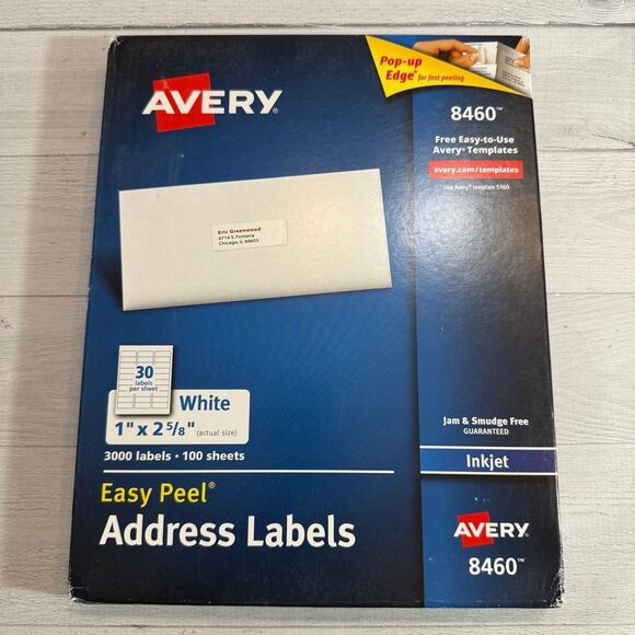 Avery 8460 easy peel address labels‎ inkjet, 3000 labels 100 sheets NEW - Picture 1 of 4